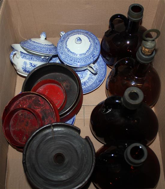 Brown glass flagons etc.